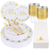 175 Pieces Christmas Plastic Plates - Christmas Gold Plastic Plates Include 25Dinner Plate, 25Dessert Plate, 25Knives, 25Forks, 25Spoons, 25Cups, 25 Napkins For Xmas Party