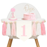 Pink One High Chair Banner - Baby Girl First Birthday Decorations 1St Birthday Girls One Year Old Outfit Garlands With Wood Bead Tassel Conical Hat Cake Topper For Baby Shower Party Decoration
