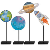 4 Pcs Outer Space Centerpieces For Tables Outer Space Party Decorations Baby Shower Wooden Standing Rustic Planets Earth Block For Boy Solar System Birthday Decorations Party Supplies