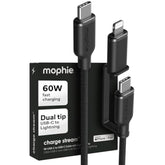 Mophie Charge Stream USB-C to USB-C 1m/3ft Cable with Lightning Adapter - 60W Fast-Charge Universal Charging Cable, MFi Certified, Dual Tip Adapter, Braided, Durable for iPhone, iPad, Android, MacBook