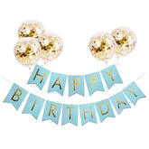 Light Blue Happy Birthday Banner With 5 Pcs Gold Confetti Balloons