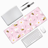 Laptop Mouse Pad Daisy Bee Flowers Pink Desk Mat With Stitched Edges 31.5X 11.8 Inch Non-Slip Large Keyboard Rubber Writing Table Mat For Office Home