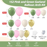 152Pcs Pink & Sage Green Balloon Arch Kit Baby Shower, Jungle, Woodland Party Decorations