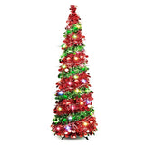 5 Ft Collapsible Sequin Pop Up Christmas Tree With 90 Led Lights, Skinny Pencil Tinsel Xmas Tree With Stand For Apartments