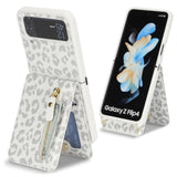 For Samsung Galaxy Z Flip 4 Case Wallet With Strap, Crossbody Strap Lanyard Card Holder Stand, Flip 4 Phone Case Cute, Leather Zipper Pocket Cover - Leopard White
