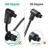 90 Degree Optical Audio Cable 8ft, Slim Digital Audio Optical Cable, SPDIF Toslink Cord, 360 Degree Right Angle Fiber Optic Toslink Cable for Sound