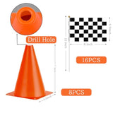 Traffic Cones With Racing Checkered Flags-8 Traffic Cones With Hole On Top, 16 Checkered Flags, Race Car Birthday Party Supplies, Table Centerpiece Decorations, Kids Gift (24Pcs)