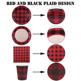 122pcs Red Black Buffalo Plaid Tableware Set Plates Cups Napkins for 24 Guests