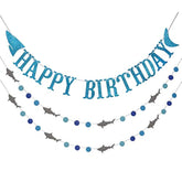 Shark Happy Birthday Banner And Shark Garlands, Ocean Beach Under The Sea Theme Party, Shark Party Supplies (Blue)