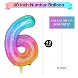 Rainbow Number 6 Balloon, 40 Inch Large Number Foil Mylar Balloons For 6Th Girl Boy Birthday Party Celebration Decorations Supplies, Digital Balloons For Wedding Anniversary Events Decora