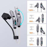 4-in-1 Keychain Charging Cable, 140W Fast Charging USB C Cable with LED Display, USB A/C to USB C & Lightning, Portable Short Charger Cord for iPhone