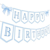 Blue Gingham Coquette Bow Theme Party Banner - Neutral Preppy Grandmillennial Decoration For 1St Birthday