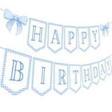 Blue Gingham Coquette Bow Theme Party Banner - Neutral Preppy Grandmillennial Decoration For 1St Birthday
