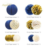 Navy Blue And Gold Decorations, 12Pcs Hanging Paper Lanterns Tissue Pom Poms Decor For Graduation Party, Winter Wedding, Mens Birthday, Memorial Day Decorations, New Years Party Supplies