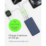 Belkin Portable Charger, USB C Power Bank 10000 mAh w/ 2xUSB-A Ports, 15W w/ Type-C to Type-A Cable - iPhone 17, Air, Pro, Pro Max, Samsung Galaxy S25, Nintendo Switch 2, Google Pixel 10, etc. - Blue