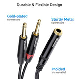 Cable Matters 2-Pack 1/4 TRS to Dual TS Stereo Audio Splitter Cable (Dual 1/4 Inch TS to TRS Female Adapter) in Black - 6 Inches / 0.15 Meters