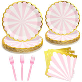 96Pcs Pink Party Paper Plates With Gold Scalloped Edge, Pink Scalloped 9Inch 7Inch Dessert Paper Plates Party Supplies For Birthday Bridal Shower Picnic, Serve For 24 Guests, Striped
