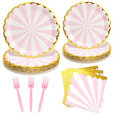 96Pcs Pink Party Paper Plates With Gold Scalloped Edge, Pink Scalloped 9Inch 7Inch Dessert Paper Plates Party Supplies For Birthday Bridal Shower Picnic, Serve For 24 Guests, Striped