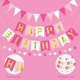 Pink Happy Birthday Banner Pre-Strung Happy Birthday Bunting Banner With Golden Letters Rose Pennant Flags Sparkle Birthdays Decor Pink Themed Party Supplies For Women Girls Kids Adults
