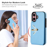 Compatible With Iphone 16 Case Wallet With Card Holder, 360°Rotation Finger Ring Holder Kickstand, Rfid Blocking Leather Protective Double Buttons Shockproof Cover 6.1 Inch Blue