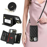For Iphone 12 Case With Card Holder And Strap For Women,Crossbody Lanyard, Make Up Mirror,Ring Stand,Snap Clasp,Cute Phone Wallet Cases 6.1 Inch - Black