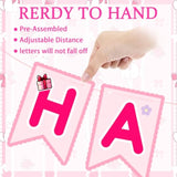 Pink Cute Kitty Happy Birthday Banner Pre-Strung Hanging Sign Cartoon Cute Cat Party Decorations Cartoon Kitty Themed Party Decorations Banners For Girls Women Birthday Favors Supplies