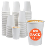 180 Count 12 Oz Paper Coffee Cups, Disposable Paper Coffee Cups For Hot Or Cold Drinks, 12 Ounce White Beverages Water Cups For Party, Picnic, Travel, Events