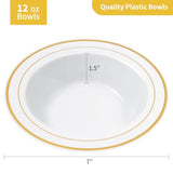 100-Pack 12oz Disposable Plastic Bowls Gold Rim Heavy Duty for Parties Weddings