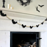 Halloween Black Felt Bat Garland with Wood Beads, Adjustable Hanging Mantel & Wall Decor