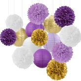 Purple White-Gold Party-Decorations Paper Flowers Lanterns - 15Pcs Graduation Lavender Tissue Pom Poms Streamers,Wedding Birthday Bachelorette Baby Shower Classroom Hanging Supplies Decor