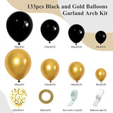 Black & Gold Balloon Arch Kit 133pcs for Party, Wedding, Graduation and Birthday Décor