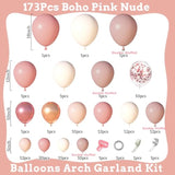 173Pcs Dusty Rose Pink Nude Balloon Garland Arch Kit, 18In Retro Blush Peach Mauve White Sand Gold Confetti Balloons For Girl Baby Shower Wedding Boho Birthday Party Decorations