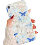 Ipod Touch 7 Case - Aesthetic Blue Butterflies Floral Flowers Glitter Opal Pearly Thinfoil Design Soft Tpu Bumper Protective Phone Case