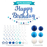 Birthday Decorations, No Diy, Pre-Strung Happy Birthday Banner With Honeycomb Balls, Hanging Swirls, Circle Dots Garland, Party Decorations For Women Men Boys Girls (Blue)