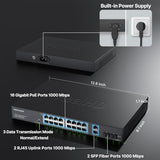 16 Port Full Gigabit Poe Switch With 2 *Gigabit Sfp Ports & Rj45 Ports, Unmanaged Plug And Play, High Power Total Budget 300W, 802.3Af/At Compliant, Fanless & Slience, Metal Housing, Rack Mount