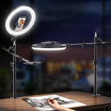Ring Light with Stand and Phone Holder, Overhead Phone Mount, Phone Stand for Recording, 11 Circle LED Ring Light for Desk with Clamp for Live