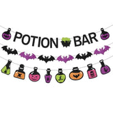 Halloween Potion Bar Banner Black Purple Glitter Bats Witch Party Haunted Decor