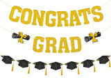 Congrats Grad Banner Sign Glitter Black Graduation Cap with Gold Tassel Garland for Congratulations Graduation Decorations Class of 2026 College High School Graduation Party Décor