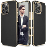 For Iphone 16 Pro Leather Case, Luxury Business Leather Classic Anti-Scratch Cover Protective Phone Cases For Iphone 16 Pro 6.3" 2024, Black Gold