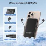 Ultra Mini 5000Mah Portable Charger Power Bank With Built-In Cables And Ac Wall Plug,Usb C Fast Charging Pocket Size External Battery Pack Compatible With Iphone Android Smartphones (Black)