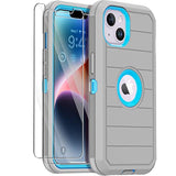 Heavy Duty iPhone 14 Case with 2 Screen Protectors, 3-Layer Rugged Durable Military Grade Cover for Apple iPhone 14 6.1 Inch, Gray and Blue Color Combination