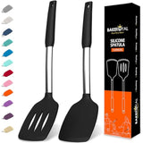 Silicone Spatula Set - Turner Spatulas Silicone Heat Resistant 600°F - Slotted & Solid Silicone Spatulas For Cooking Fish, Eggs, Pancakes Flipper – Silicone Cooking Utensils Set – Black