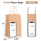 60Pcs Small Gift Bags, 5.25X3.2X8In Brown Paper Bags With Handles Bulk For Gift, Shopping, Birthday, Wedding, Business Party (Kraft)