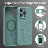 Magnetic Engraved Case Compatible With Iphone 16 Pro, Compatible With Magsafe, Camera All-Round Protection, Slim Liquid Silicone Phone Case For Women Girls, Midnight Green Flower