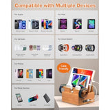 Bamboo Charging Station For Multiple Devices, With Power Charger, Wire Cables 5 Pack, Compatible With Multi Phones & Tablet, For Earbuds & Smart Watch