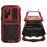 Compatible With Samsung S22 Ultra Metal Case With Screen Protector Camera Protector Military Rugged Heavy Duty Shockproof Case With Stand Full Cover Tough Case For Samsung S22 Ultra (Red)