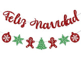 Pre-Strung Feliz Navidad Banner Red Green Glitter Christmas Party Decor
