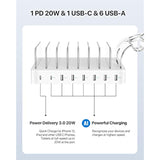 8-Port Usb-C Charging Station For Multiple Devices, With 1 Pd 20W Port Supports Fast Charging, 8Pcs Mixed Charging Cables And 1Pcs Upgraded Holder For Lwatch Charger & Air-Pods, White