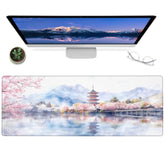 Cherry Blossom Temple Gaming Mouse Pad – 12X31.5In Non-Slip Rubber Desk Mat With Watercolor Design – Large Extended Mousepad For Office Home – Deskmat Gifts For Japanese Nature Lovers Decor
