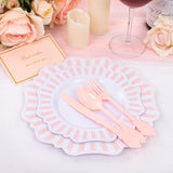 150Pcs Disposable Pink And White Stripped Plastic Plates And Silverware Set, Light Pink Dinner/Dessert Plates Silverware Serve 30Guests For Easter Day, Wedding Party And Daily Use.